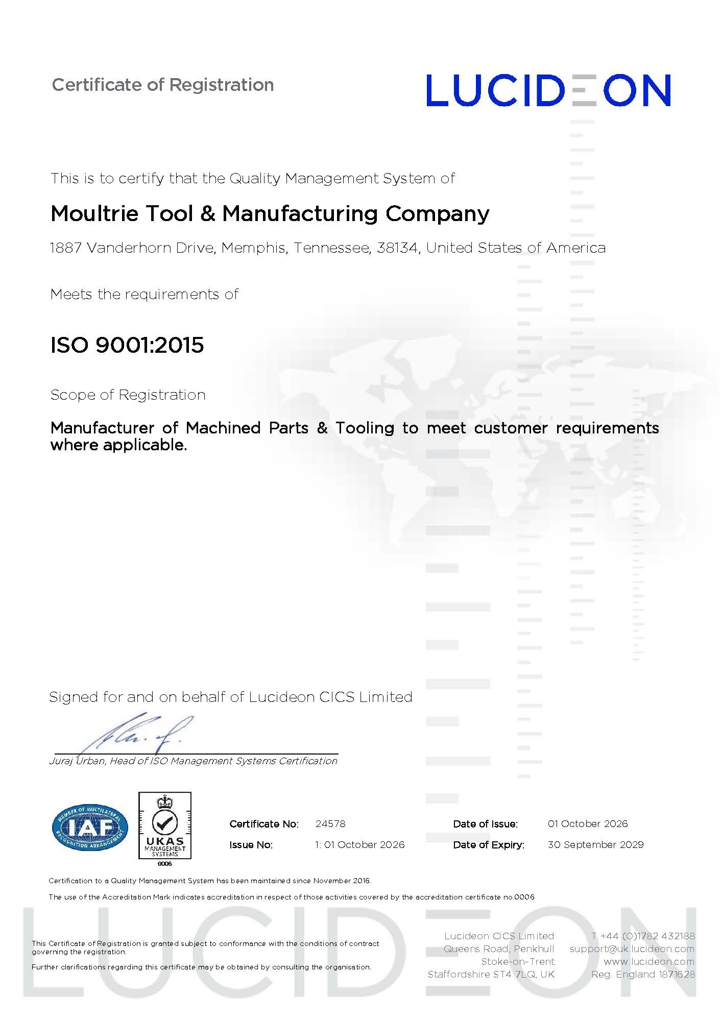 24578 - Moultrie Tool & Manufacturing Co. Iss 1 Exp Sept 2029